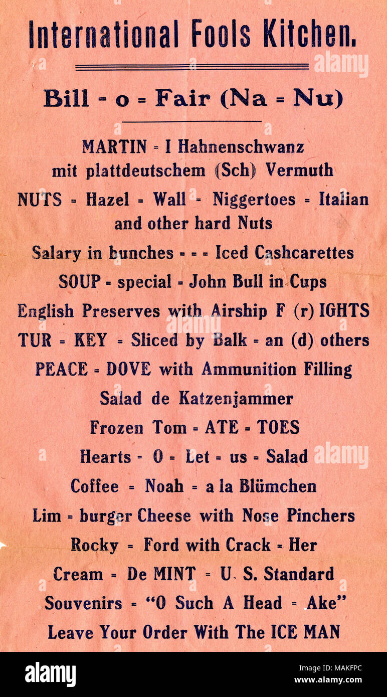 Politische Satire. Titel: Rundschreiben: "Internationale Narren Küche, 'Ca. 1913. ca. 1913. Stockfoto