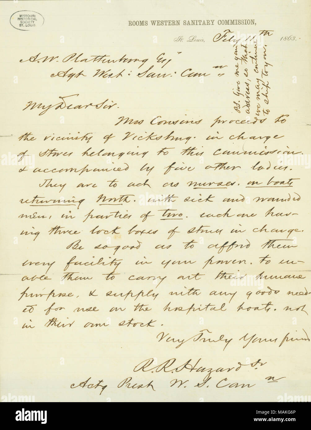Mitgliedstaaten, dass Frau Couzins ist mit fünf anderen Damen in die Nähe von Vicksburg in Stores Verfahren der Sanitär- Kommission. Sie sind als Krankenschwestern auf Boote wieder nach Norden zu handeln. Titel: Brief unterzeichnet R.R. Gefahr, St. Louis, A.W. Plattenburg, 11. Februar 1863. 11. Februar 1863. Gefahr, R. R. Stockfoto