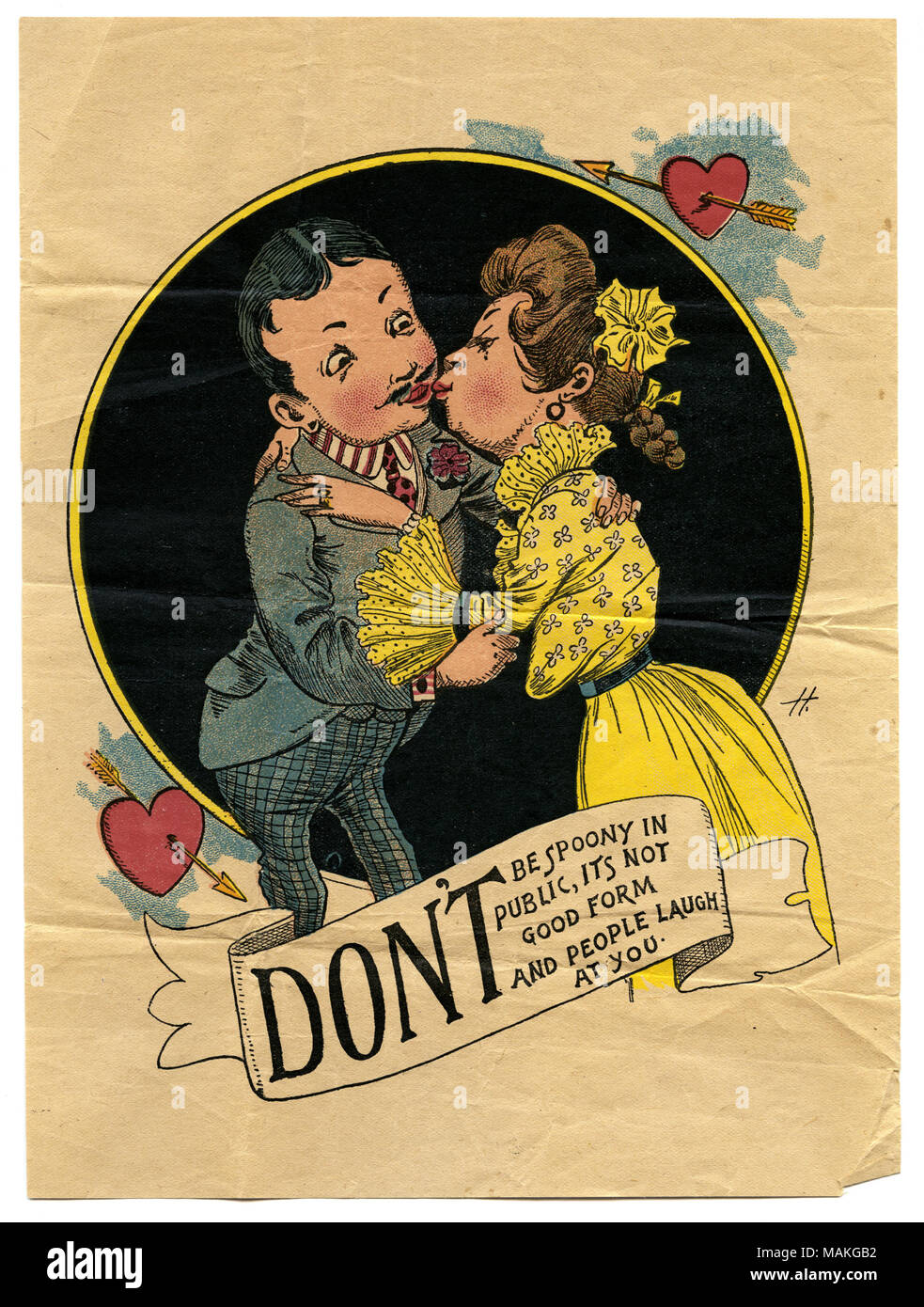 Vertikale, Farbdruck mit ein paar Küssen vor einem schwarzen Kreis. Oben rechts und unten links des Kreises sind Herzen mit Pfeilen durch, die Sie ausführen, und der Titel der Druck ist in ein Band Banner unterhalb des Kreises geschrieben. Einen einzigen 'H.' auf der rechten Seite drucken wird angezeigt. Titel: 'Do Spoony nicht öffentlich, Es ist nicht gut, Form und Menschen Lachen." um 1910. H. Stockfoto