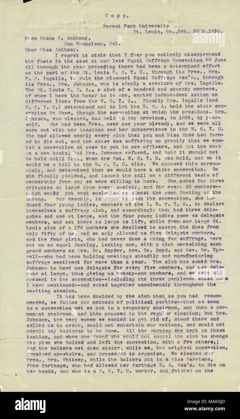 Titel: Brief von Anna Sneed Cairns, Forest Park University, St. Louis, MO., Susan B. Anthony, 30. Oktober 1896. 30. Oktober 1896. Cairns, Anna Sneed, 1841-1930 Stockfoto