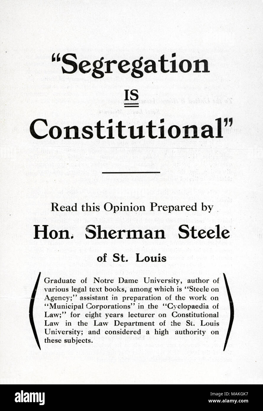 Titel: Broschüre vorbereitet von Hon. Sherman Steele von St. Louis: 'Segregation ist Verfassungs' 27. Januar 1916. 27. Januar 1916. Steele, Sherman Stockfoto