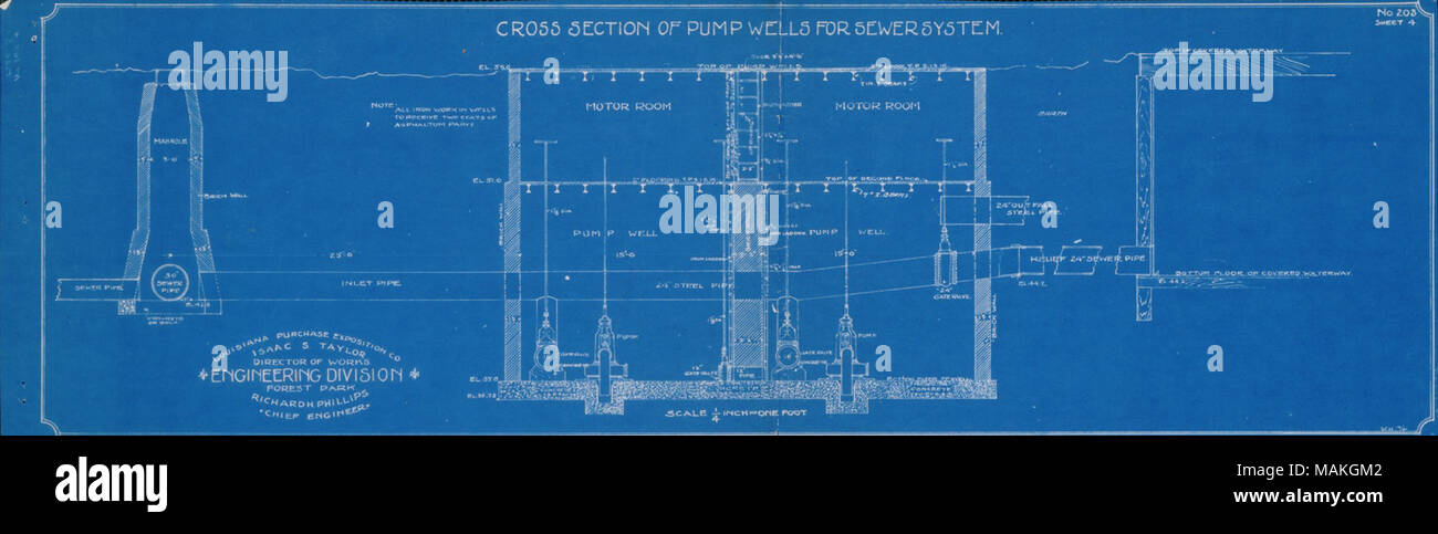 Titel: Blueprint: Querschnitt der Pumpe Brunnen für die Kanalisation für Louisiana Purchase Exposition, Nr. 203, Blatt 4, von Richard H. Phillips, Chief Engineer, Ca. 1901. ca. 1901. Phillips, Richard Harvey, 1866 - Stockfoto