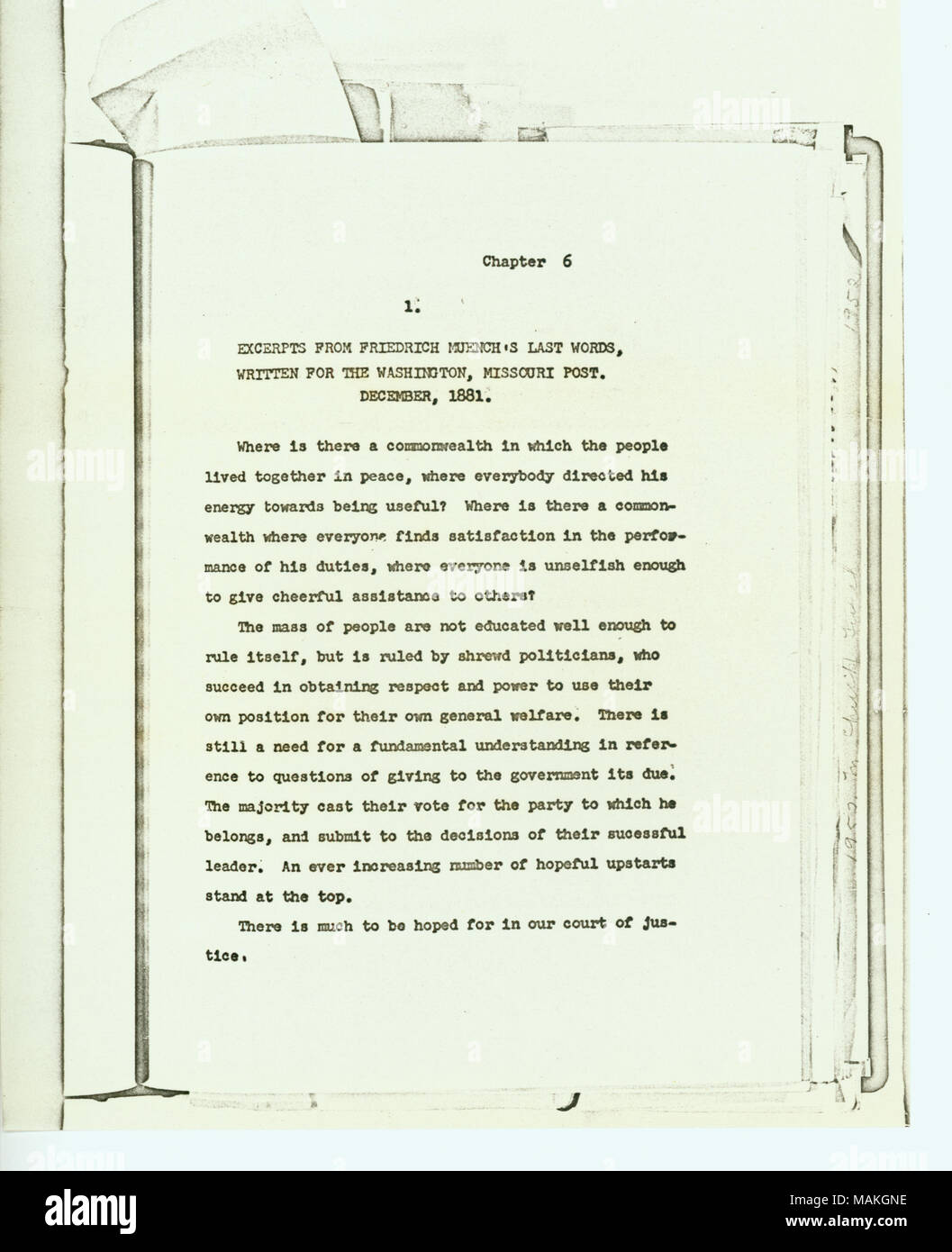 Kapitel 6 beinhaltet "Auszüge aus der letzten Worte Friedrich Muench, für die Washington, Missouri Post, Dezember 1881 geschrieben." Titel: Fotokopie des getippten Manuskript mit dem Titel "Familiengeschichte" von Eugenia Busch Kircher, Kapitel Sechs, kein Datum. Dezember 1881. Kircher, Eugenia B. Stockfoto