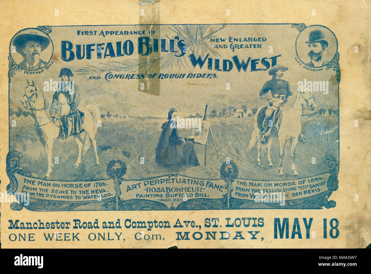 Programm für Leistung in St. Louis an der Manchester Road und Compton Avenue. Titel: Programm für 'Erster Auftritt von Buffalo Bill's Wild West und Kongress der Rough Riders", 18. Mai 1896. 18. Mai 1896. Stockfoto