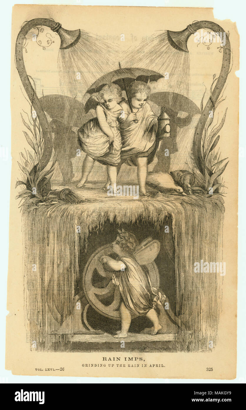 Vertikale Holzstich aus Buch Godey's Lady's, Bd. LXVI. --26, Seite 325, zeigt ein geflügeltes Kind u-bahn Dreht ein Rad, wodurch Wasser zu sprühen, durch Pflanze-förmige Trinkschnäbel auf die geflügelte Kinder über dem Boden. Titel: 'Regen Imps, Schleifen bis der Regen im April.". 1863. Stockfoto