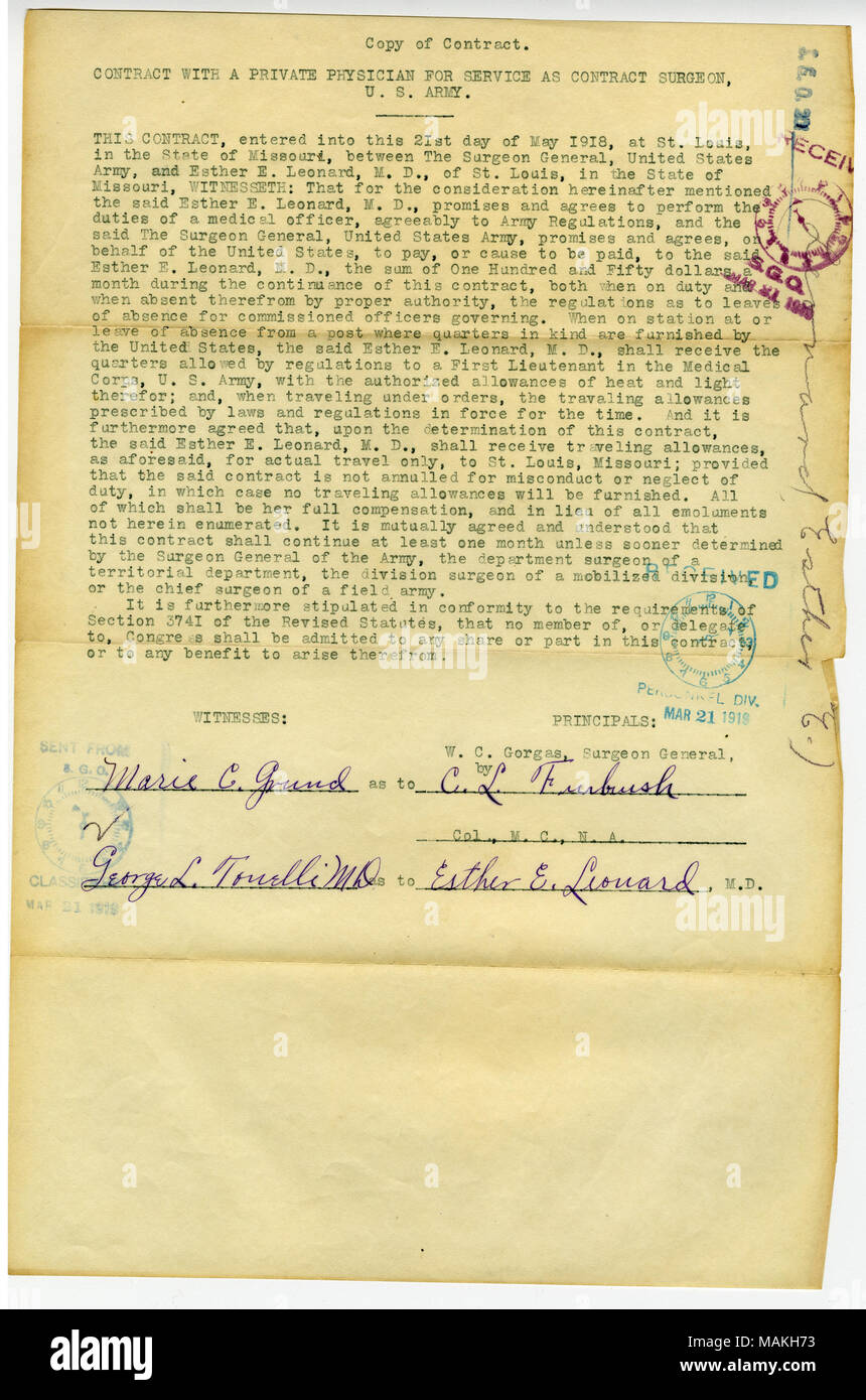 Dies ist die Abschrift des Arztes? s Vertrag für die United States Army für Dr. Esther E. Leonard. Dr. Leonard diente als Vertrag Chirurg während des Ersten Weltkrieges in der U.S. Army Allgemeine Krankenhaus Nr. 1 in New York City und bei einer Evakuierung Krankenhaus in Vichy, Frankreich. Transkription: Kopie des Vertrags. Vertrag MIT EINEM PRIVATEN ARZT FÜR SERVICE ALS VERTRAG CHIRURG, US Armee. Dieser Vertrag trat am 21. Mai 1918, an der St. Louis im Bundesstaat Missouri, zwischen der Surgeon General, United States Army, und Esther E. Leonard, M.D., von St. Louis im Bundesstaat Missouri, WITNESSE Stockfoto