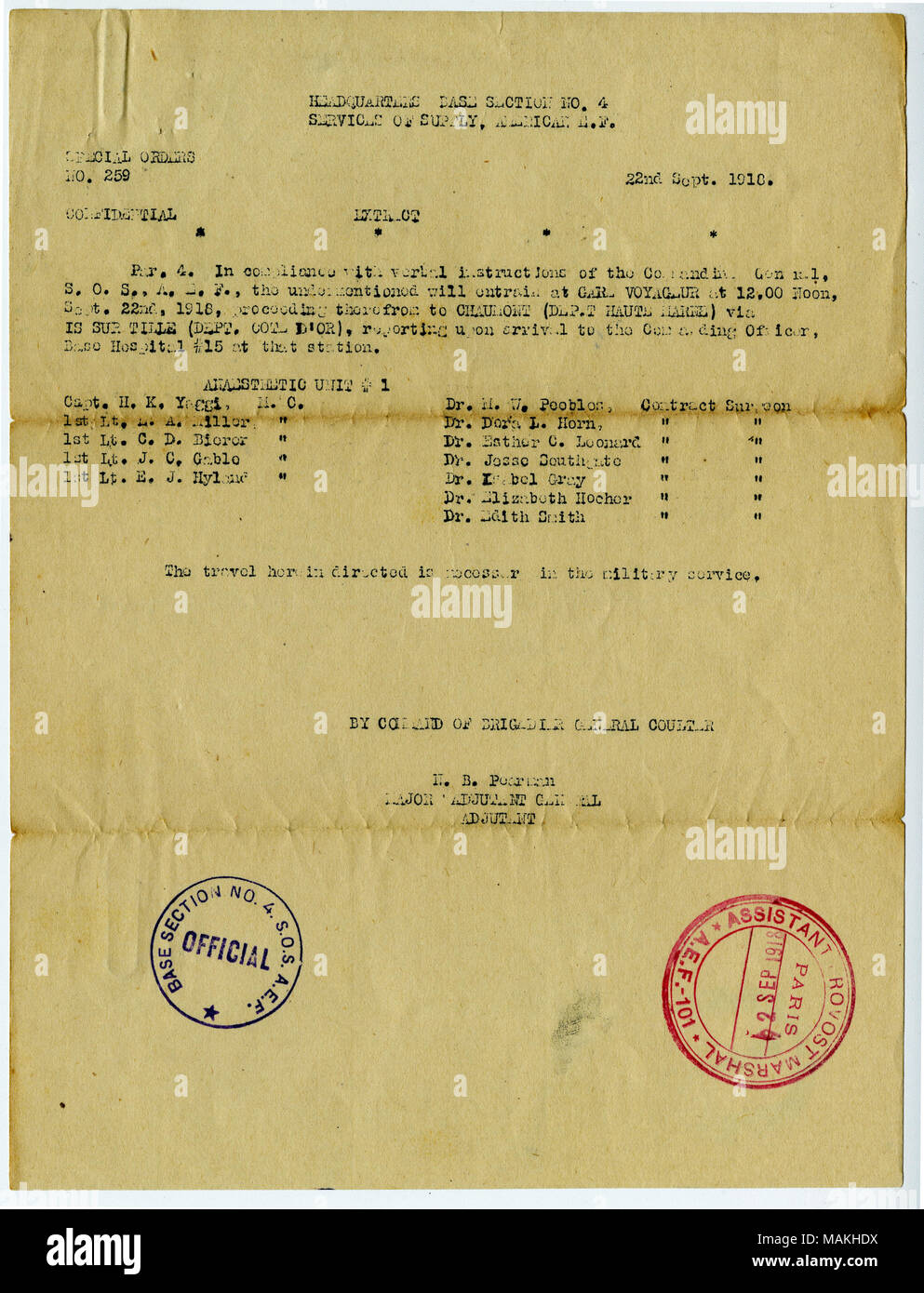 Brigadegeneral Coulter entnommen wurde, wird in diesem speziellen um Information der Mitglieder der Sanitär Korps zu Base Hospital #15 in Chaumont, Frankreich zu verbinden. Dr. Esther E. Leonard wurde auf der Liste des Chirurgen, die in Chaumont zu bewegen. Dr. Leonard diente als Vertrag Chirurg während des Ersten Weltkrieges in der U.S. Army Allgemeine Krankenhaus Nr. 1 in New York City und bei einer Evakuierung Krankenhaus in Vichy, Frankreich. Titel: Special Order Nr. 259, der im Auftrag der Allgemeinen Coulter, 22. September 1918. 22. September 1918. Pearson, N.B. Stockfoto