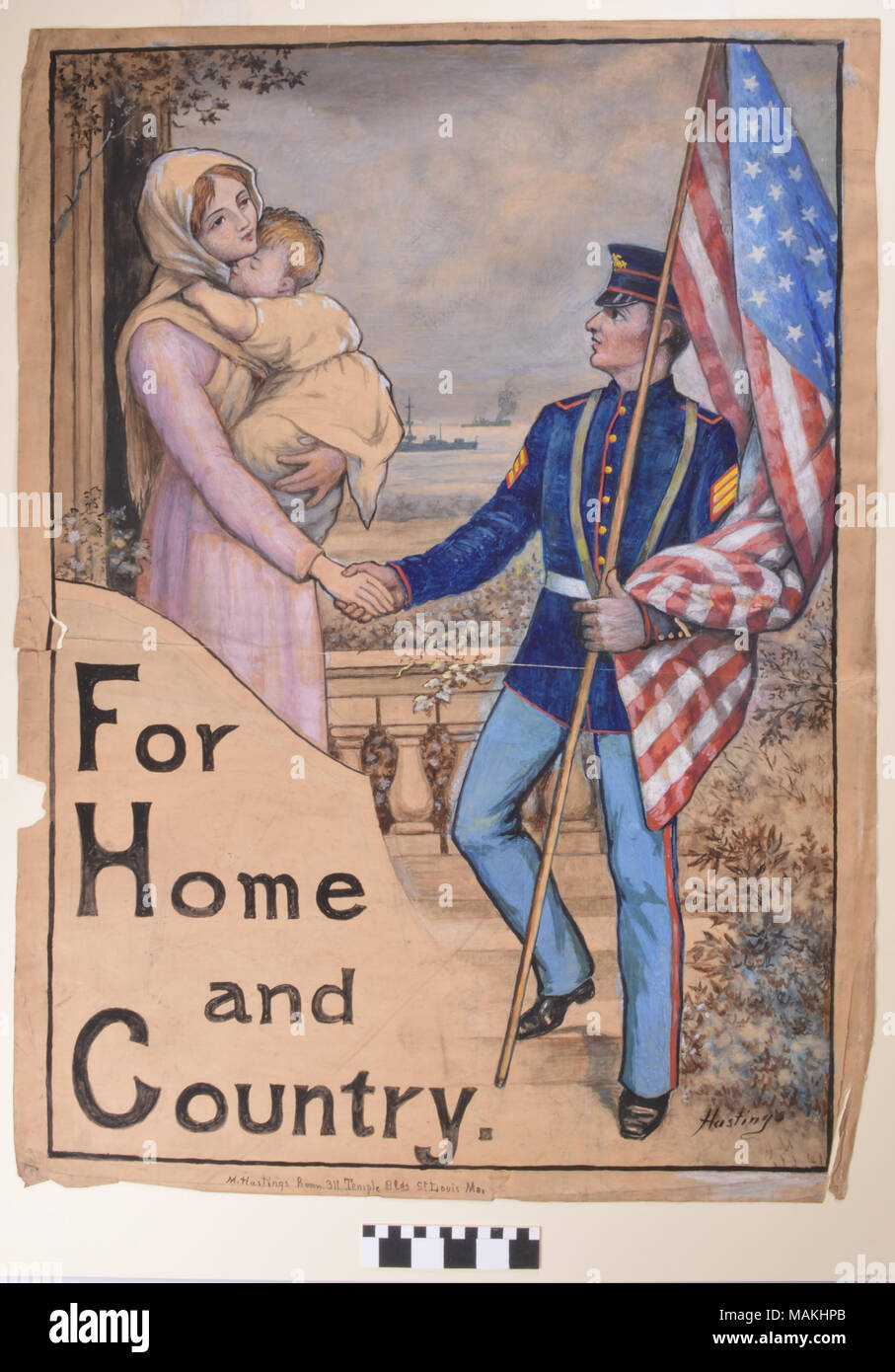 Handbemalt U.S. Marines recruiting Poster,' für Haus und Land" von St. Louis Artish Matthew Hastings. Das Plakat hat eine US Marine in seinem Kleid blaue Uniform mit einer US-Flagge Abschied von einer Frau mit einem Baby. Zwei Schlachtschiffe sind im Hintergrund. Titel: der Erste Weltkrieg Marine Recruiting Poster,' für Haus und Land" von Matthew Hastings. Nach 1906. Mat Hastings Stockfoto
