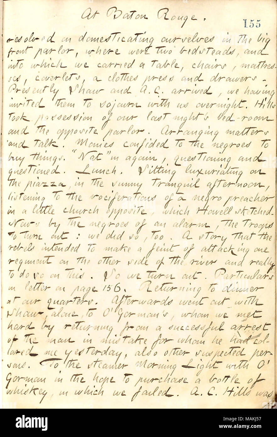 Erwähnt die Erwartung eines Angriffs durch verbündete Soldaten auf der anderen Seite des Flusses von Baton Rouge. Titel: Thomas Butler Gunn Tagebücher: Band 21, Seite 170, 11. Januar 1863. 11. Januar 1863. Gunn, Thomas Butler, 1826-1903 Stockfoto