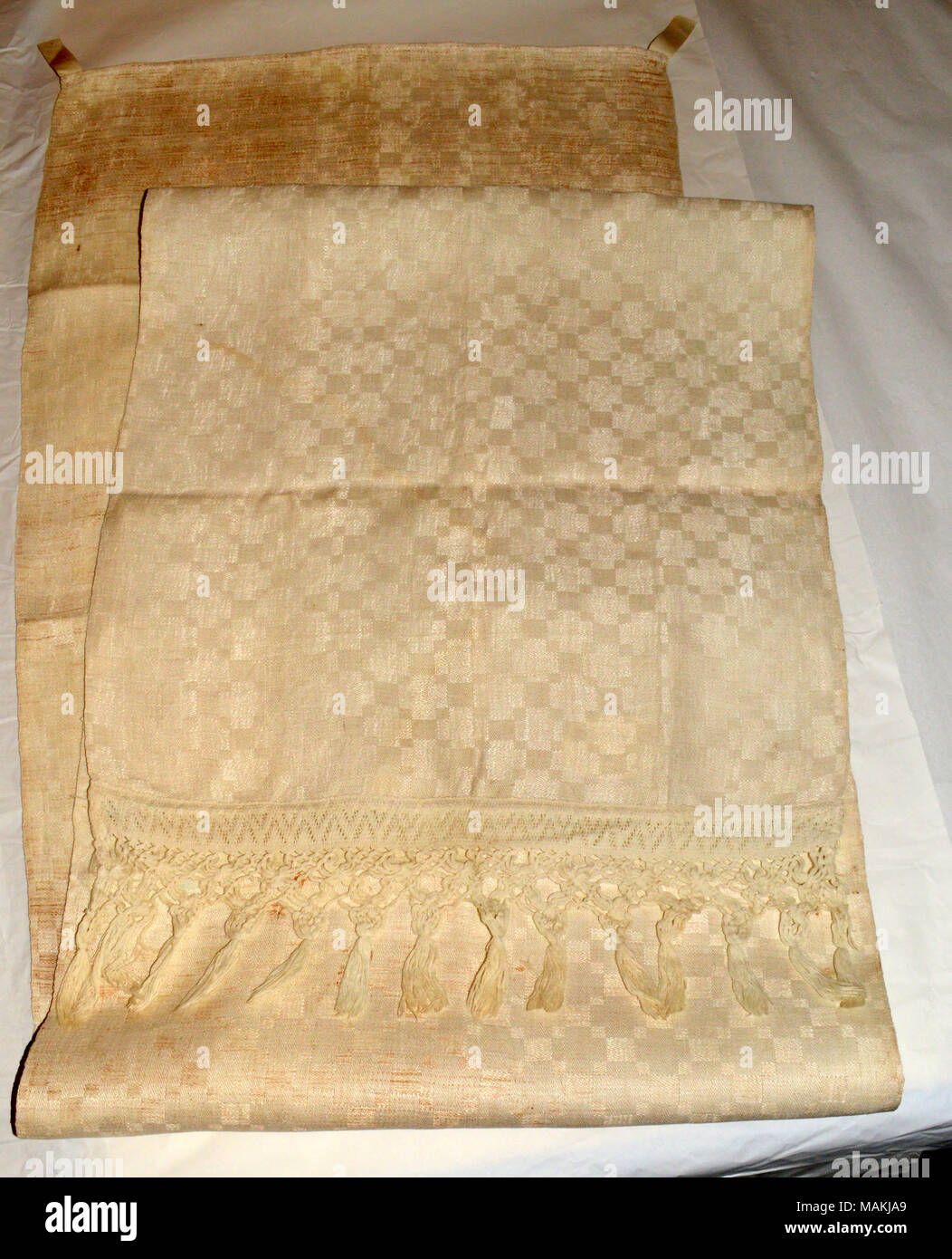 Lange Damast Handtuch Hand in Deutschland gewebt von Frau Anna Becker, urgroßmutter der Spender. Titel: handgewebte Tücher. ca. 1810. Frau Anna Becker Stockfoto