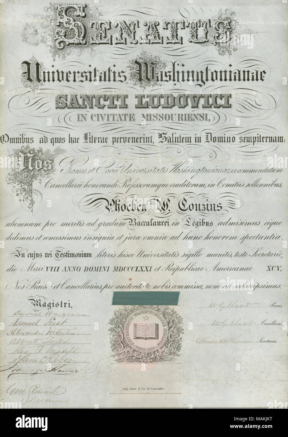 Titel: Washington Universität Diplom von Phoebe Couzins, unterzeichnete Präsident W. G. Eliot et. al., 8. Mai 1871. 8. Mai 1871. Eliot, William Greenleaf, 1811-1887 Stockfoto