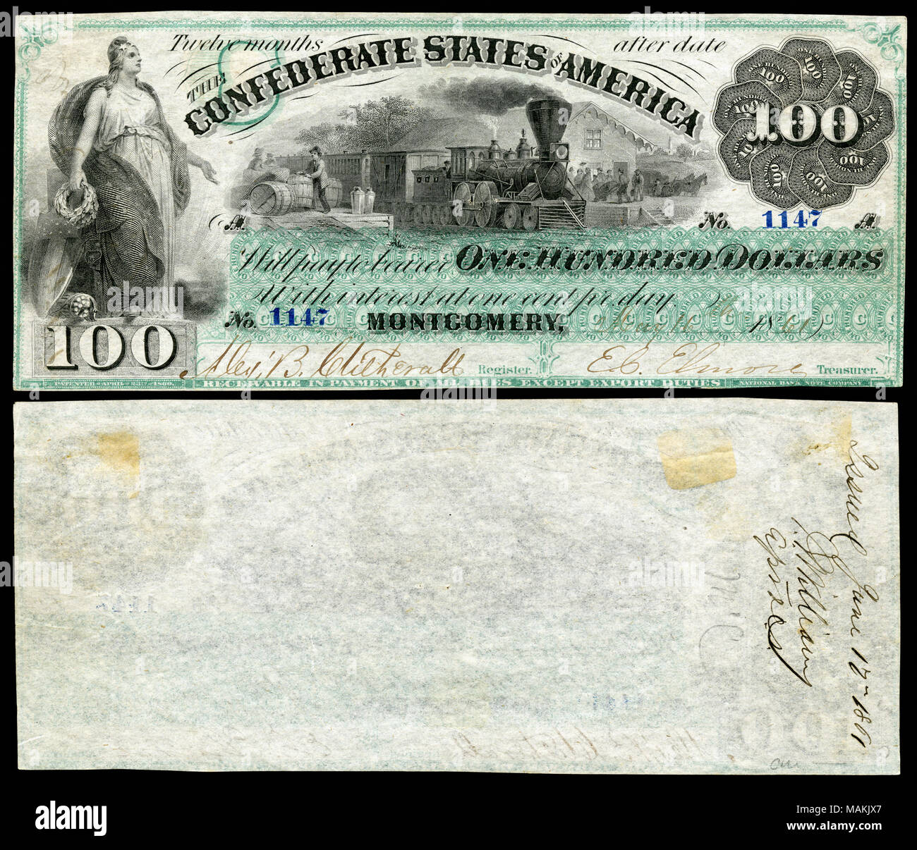 $ 100 Konföderierte Staaten von Amerika Banknote aus der ersten Ausgabe (Gesetz vom 9. März 1861). Erste Ausgabe, zinstragende, Gesamtauflage von 1.000.000 $. Zwischen 1861? 64 Es waren 72 verschiedene Arten mit zahlreichen Sub-Sorten erteilt. Gravur zeigt Minerva und eine Eisenbahn Vignette. Rückwärts wird nicht gedruckt. . 1861. Konföderierte Staaten von Amerika & National Bank Note Company (New York) nationalen Museum der amerikanischen Geschichte - Native name nationalen Museum der amerikanischen Geschichte übergeordneten Institution Smithsonian Mitgliedschaften Standort in Washington, D.C., Vereinigte Staaten von Amerika Koordinaten 38------- .6 Stockfoto