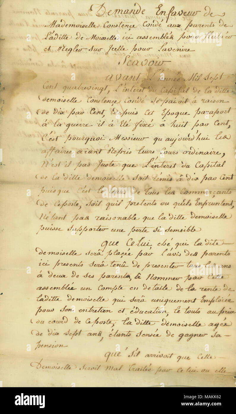 Bezüglich der Zukunft der Bodensee Conde und die Zinsen auf ihr Kapital, vereinbart von ihren Verwandten. Titel: Erklärung von Charles Sanguinet, 6. November 1786 unterzeichnet. 6. November 1786. Sanguinet, Charles Stockfoto