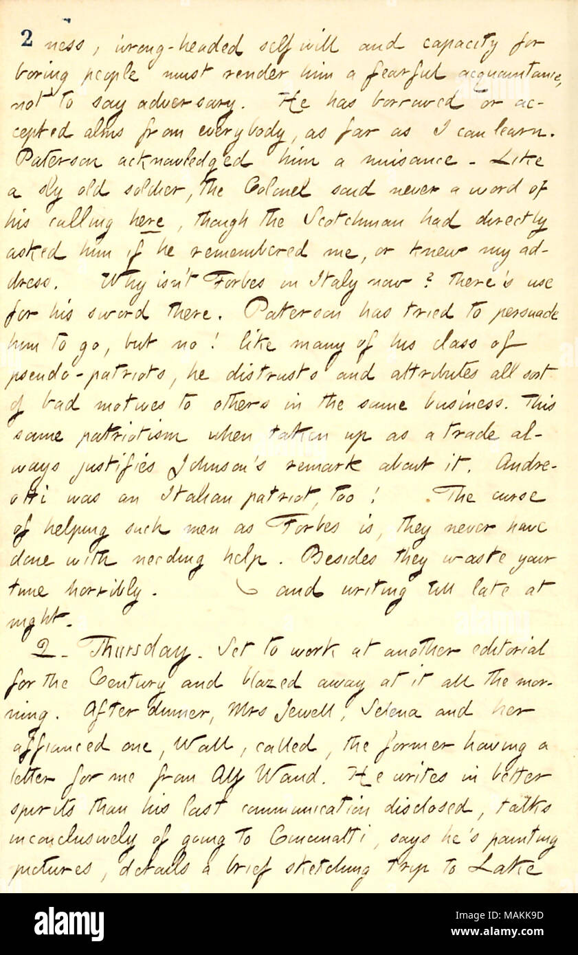 Beschreibt ein Gespräch mit Thomas Paterson über Oberst Hugh Forbes, und erwähnt einen Brief von Alfred Waud. Transkription: [vollständige] Ness, Ironie - vorangegangen selbst wird und Kapazität für langweilige Menschen müssen ihm [Hugh Forbes eine ängstliche Bekanntschaft], nicht Gegner zu sagen. Er hatte ausgeliehen oder akzeptiert Almosen von allen, so weit wie ich lernen kann. [Thomas] Paterson quittiert ihn ein Ärgernis. Wie ein schlauen alten Soldaten, der Oberst sagte nie ein Wort seiner hier anrufen, obwohl die Scotchman hatte ihn direkt gefragt, ob er mich erinnert, oder wusste meine Adresse. Warum ist nicht Forbes in Italien jetzt? Es Stockfoto