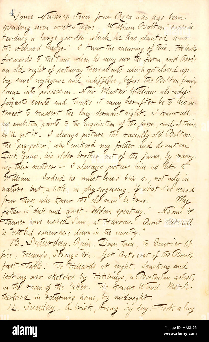 Beschreibt einen Brief von seiner Schwester Rosa Gunn. Transkription: Einige Neithrop Elemente aus Rosa [Gunn], 7 Wochen dort verbracht wurde. William Bolton's uperintending einen grossen Garten, die er in der Nähe der Orchard Hecke gepflanzt hat." Ich die Bedeutung dieses Wissen. Er schaut nach vorne auf die Zeit, wenn er sich selbst dem Bauernhof, und es gibt ein altes Recht der Weg etwa, die durch einige Nachlässigkeit und Gleichgültigkeit geschlossen, bevor die Bolton Familie kam in den Besitz. Nun Master William bereits forcasts Veranstaltungen und denkt, daß es künftig in seinem Interesse sein, die lange - schlafende Rechts zu bekräftigen. Ich kn Stockfoto