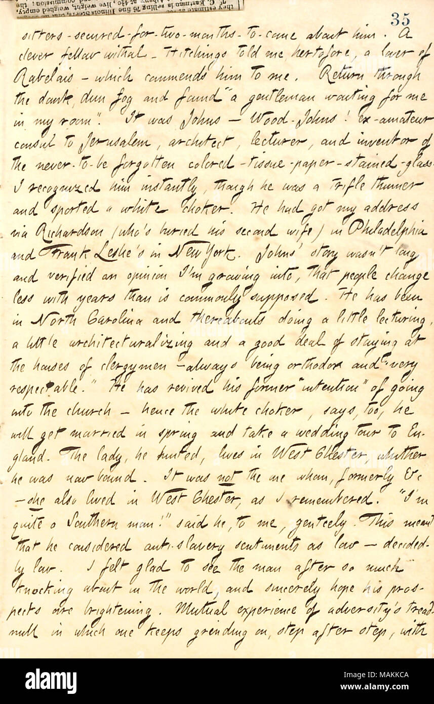 Beschreibt einen Besuch von seinem alten Bekannten, Herrn Johns (Woodjohns). Transkription: sitters - gesichert - für - 2-Monate-zu-kommen über ihn [Mr. Rouse]. Ein cleverer Kerl trüge. [Henry] Hitchings erzählte mir, bisher, ein Liebhaber von [Francois Rabelais]? Die würdigt ihn zu mir. Zurück durch den feucht, dunkel Nebel und gefunden" ein Herr auf mich warten in meinem Zimmer.' Es war Johns? Wood-Johns! Ex - Bewunderer Konsul in Jerusalem, Architekt, Dozent, und Erfinder des nie-zu-sein-vergessenen Farbig - Gewebe - Papier - Glasmalerei Glas! Ich erkannte ihn sofort, obwohl er ein wenig dünner war und trug ein weißes Halsband. Uhr Stockfoto