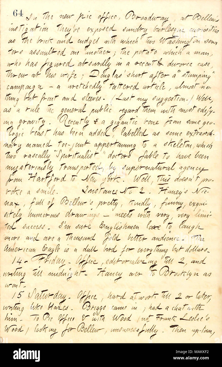 Kommentare auf dem amerikanischen Humor. Transkription: In der neuen pic-Büro, Broadway, an [Frank] Bellew betreiben Sie verschiedene burleske Kuriositäten wie der Ziegel und Knüppel, mit dem zwei Washington Senatoren gegenseitig angegriffen ausgesetzt habe; die Kartoffel, die ein Mann, die absurderweise in einem neuen lo Scheidung dargestellt hat, bei seiner Frau warf; Douglas' T-Shirt nach einer von tumping" Kampagne? Ein erbärmlich zerlumpte Artikel, fast nichts, aber vorne und an den Ärmeln. (Letzte mein Vorschlag.) Nun, in der Regel die allgemeine Öffentlichkeit betrachten Sie mit den meisten erbauliches Schwerkraft. Vor kurzem eine gigantische Knochen von einigen geologi Stockfoto