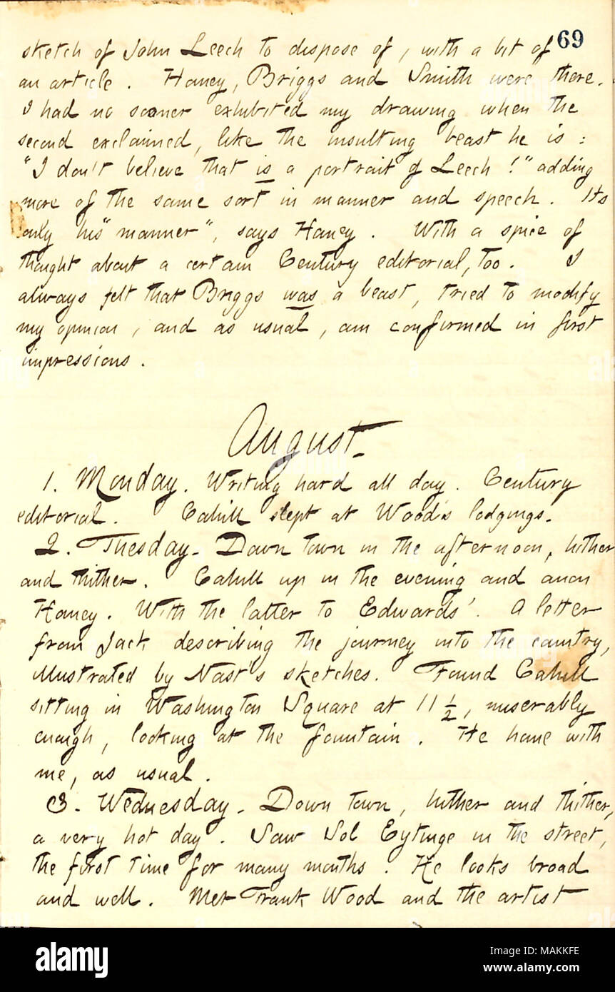 Über ein Kommentar von Charles F. Briggs über Gunn's Zeichnung von John Leech. Transkription: Skizze von John Leech zu entsorgen, mit ein bisschen einen Artikel. [Jesse] Haney, [Charles] Briggs und [James L.] Smith waren es. Kaum hatte ich meine Zeichnung ausgestellt, wenn der zweite rief aus, wie die beleidigenden Tier er ist: "Ich bin nicht der Meinung, dass ein Porträt von Leech!' hinzufügen, mehr von der gleichen Art, Form und Sprache. Seine nur seiner "Anner", sagt Haney. Mit einem Gewürz der Gedanken zu einem bestimmten Jahrhundert Editorial, auch. Ich glaubte immer, dass Briggs ein Tier war, versuchte, meine Meinung zu ändern, und wie üblich, bin Co Stockfoto