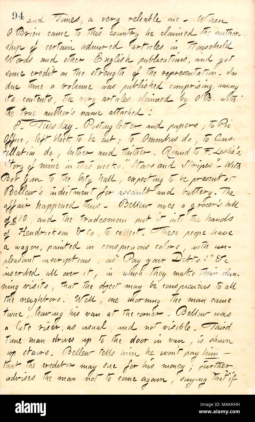 Über Frank Bellew für Angriff und Batterie einer schuldkollektor aufgeladen wird. Transkription: und Zeiten, ein sehr zuverlässig. Wenn [Fitz James] O'Brien kam zu diesem Land er behauptete die Urheberschaft der bestimmte Artikel in Haushalt Wörter und andere englische Publikationen bewundert, und bekam einige Gutschrift auf die Stärke der Darstellung. Zu gegebener Zeit einen Band veröffentlicht wurde, bestehend aus, unter seinen Inhalt, die sehr Artikel von O'B mit der wahre Autor behauptete? s Namen angebracht! 8. Dienstag. , Letter und Papieren; auf Pic-Office, linken Block geschnitten werden; zu Omnibus, Konstellation her ein Stockfoto