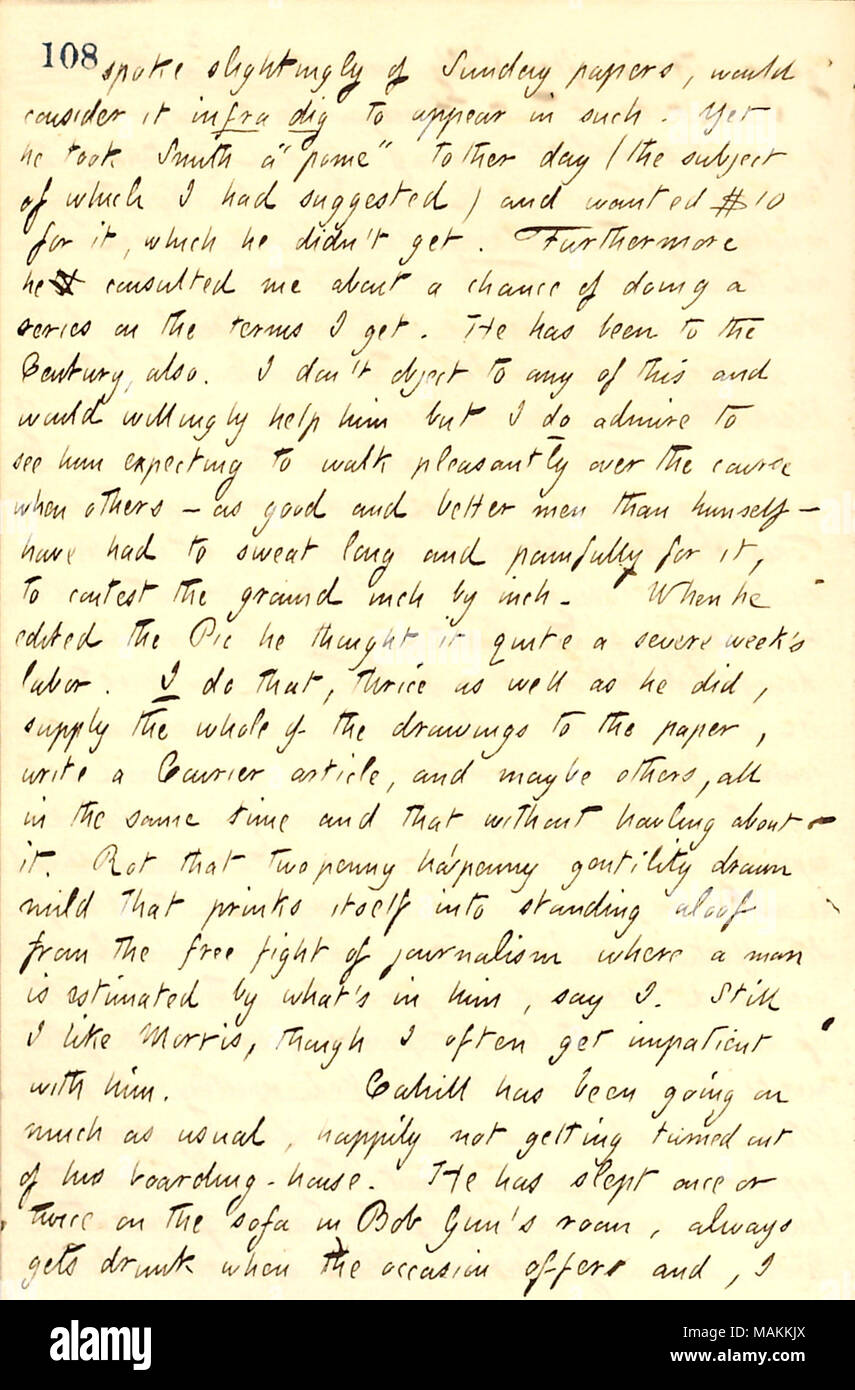 In Bezug auf die literarischen Erwartungen von James Morris. Transkription: [James Morris] sprach slightingly der Sonntagszeitungen, würde es in solchen zu erscheinen. Doch er nahm James L.] Smith ein? ǣpome? Zu? ther Tag (Dokument, von dem ich vorgeschlagen hatte) und $ 10 wollte für Sie, die er didn?t erhalten. Außerdem hat er mich konsultiert über die Chance, eine Serie über die Begriffe, die ich erhalte. Er hat an den Jahrhundert gewesen, auch. I don?t Objekt für jede dieser und würde ihm gerne helfen aber ich bewundere ihn zu sehen erwartet, angenehm über den Kurs zu gehen, wenn andere? Als gute und bessere Männer als himsel Stockfoto
