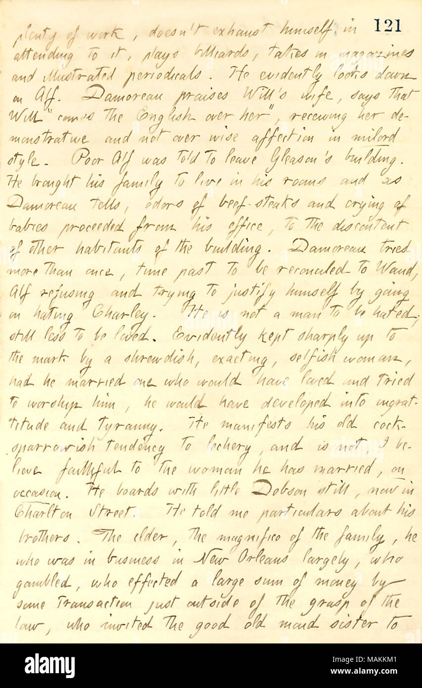 Über Alfred Waud's Meinung von Charles Damoreau. Transkription: viel Arbeit, nicht Auspuff selbst [William Waud] teilnehmen, spielt Billard, nimmt im Magazin und illustrierte Zeitschriften. Er sieht offenbar auf Alf [Waud]. [Charles] Damoreau lobt wird Frau [Sarah] Waud, sagt, dass das "die Englische über sie kommt, "ihre demonstrative und nicht über Weisen Zuneigung in milord Stil empfängt. Schlechte Alf wurde gesagt [Frederick] Gleason Gebäude zu verlassen. Er seiner Familie in seinem Zimmer und als Damoreau sagt zu leben, Gerüche von Rindfleisch - Steaks und das Schreien der Babys verlief von Stockfoto