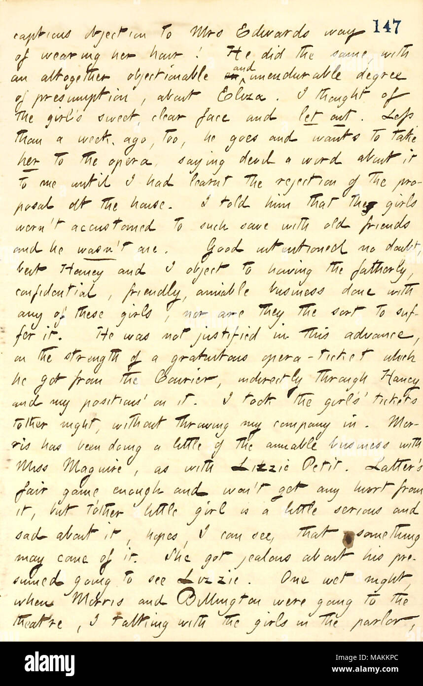 In Bezug auf James Morris Flirten mit Miss Maguire und Miss Pettit bei seiner Pension. Transkription: kritische Einwände gegen die Frau [Sarah] Edwards Weg, ihr Haar zu tragen! Er [James Morris] taten dasselbe, mit einem insgesamt unzulässig ein und unerträglichen Maß an Anmaßung, über Eliza [Edwards]. Ich dachte der Girl?s Süß, klarem Gesicht und ließ. Weniger als eine Woche vor, er geht und möchte sie in die Oper zu nehmen, sagen Teufel ein Wort zu mir, bis ich die Ablehnung der im Haus vorgeschlagenen gelernt hatte. Ich sagte ihm, dass sie Mädchen [Eliza, Matty, und Sally Edwards] weren?t ac Stockfoto