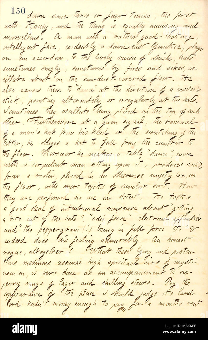 Beschreibt das Gehen zu einer Leistung von Dexter's Tanzen Hüte. Transkription: unten einige drei oder vier Mal, die ersten mit [Jesse] Haney, und die Sache ist ebenso amüsant und wunderbar. Ein Mann mit einem ziemlich gut aussehenden intelligentes Gesicht, offenbar eine Osten Yankee, spielt auf einem Akkordeon, das lebhafte Musik, die Hüte manchmal allein, manchmal mit fünfen und Sechsen, etwa auf das Sägemehl bedeckten Boden oszillieren. Er führt Sie auch zu "Tanz" unter der Leitung des Stick eines Besuchers, abwechselnd oder unregelmäßig an der Hüte. Manchmal Schwingen auf der Startseite platziert. Stockfoto