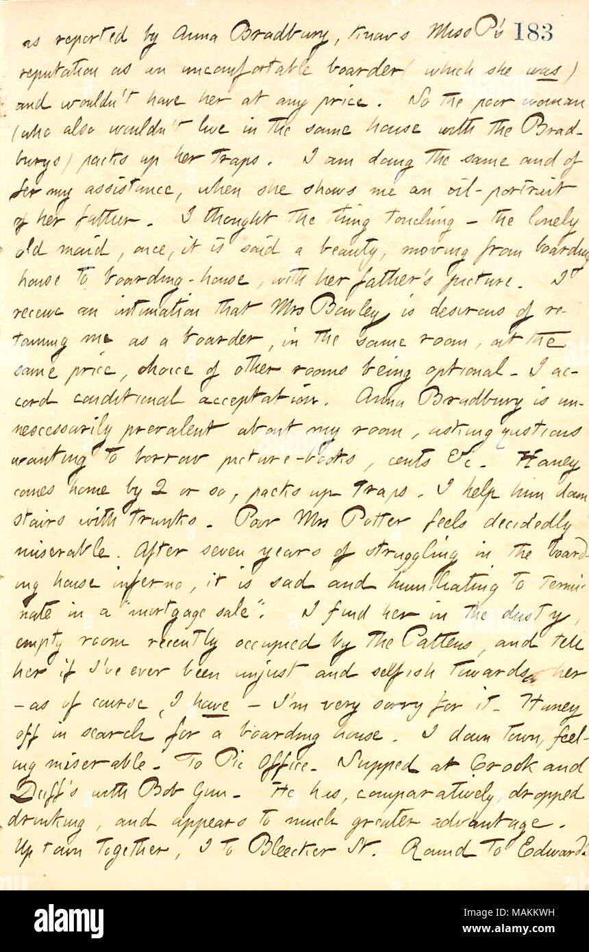 Bezüglich der Boarder in seiner Pension Verpackung und Vorbereitung zu bewegen, weil die Wirtin, Catharine Potter, das Haus verloren hat. Transkription: Wie von Anna Bradbury berichtet, kennt Miss P [ierson]?s Ruf als unbequem Grenze (die Sie war) und wouldn?t haben ihr um jeden Preis. So die arme Frau (die auch wouldn?t Live im gleichen Haus mit den Bradburys) packt Ihr fallen. Ich mache das Gleiche und meine Hilfe anzubieten, als Sie mich zeigt ein Öl - Porträt ihres Vaters. Ich dachte, die Sache zu berühren? Der einsame alte Jungfer, sagte einmal, es ist eine Schönheit, die von der Pension t Stockfoto