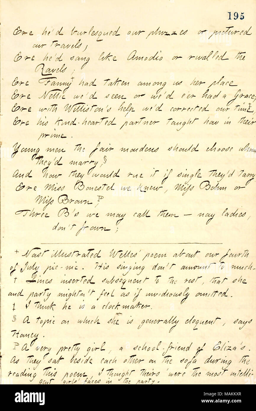 Jesse's Haney Weihnachtsgedicht, die an der Weihnachtsfeier der Edwards Familie 1859 gelesen wurde. Transkription: Ehe er [Thomas Nast]? d burlesqued Unsere phizzes oder abgebildeten unsere Reisen, ehe er? d sang wie Amodio oder wetteifern die Ravels; Ere Fanny [fern]? Unter uns getroffen hatten ihren Platz Ere Nellie [Eldredge] Wir? d gesehen, oder wir? d e? er hatte eine Gnade [Eldredge]; Ere mit Williston? s helfen wir? d unsere Zeit?, ehe seine gutherzigen Partner, die ihn in ihrem Prime lehrte korrigiert. Junge Männer der Messe dirnen sollte entscheiden, wen sie heiraten, -?d? Und wie würden Sie die Rue es, wenn einzelne Sie? d bleib Ere Miss Bonestel wussten wir, Stockfoto