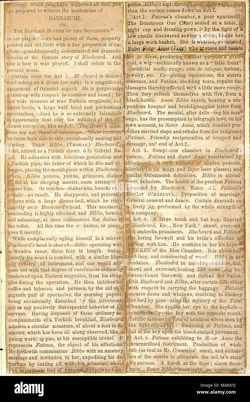 Zeitung Ausschnitt des Artikels von Gunn für Sonntag Kurier geschrieben, Beschreibung Weihnachtsfeier der Edwards Familie 1859. Transkription: Abend. Wenn Sie all dies haben, sind Sie bereit, die Pantomime? ǣBARBAZURE Zeugnis -?: oder, die VERWIRRTEN BUGGER DES BOSPHERUS. ? Als unser Spiel - Bill? Wir hatten viele von Ihnen, richtig gedruckt und her mit einem angemessenen Verhältnis von Hauptstädten eingestellt? grandiloquently Unsere dramatische Version der berühmten Geschichte von Blaubart lauten. Und dieses ist, wie es gespielt wurde. Ich beziehen sich in der Gegenwart. Vorhang auf für Act I. Blaubart schläft o entdeckt Stockfoto