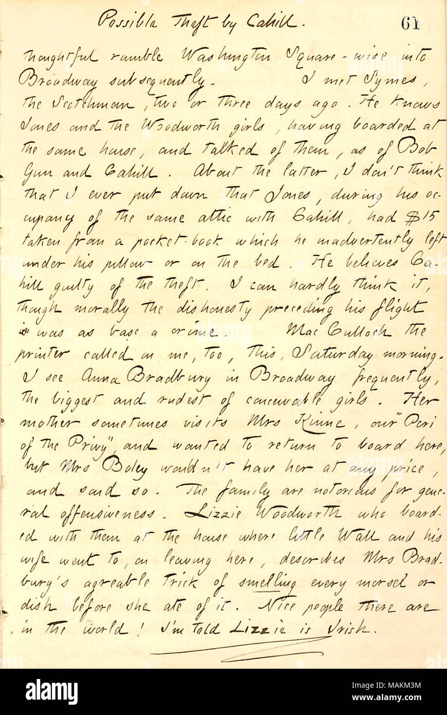 Erwähnt, dass Frank Cahill möglicherweise gestohlen 15 $ von seinem ehemaligen Mitbewohner Jones haben. Titel: Thomas Butler Gunn Tagebücher: Band 13, Seite 71, 30. Juni 1860. 30. Juni 1860. Gunn, Thomas Butler, 1826-1903 Stockfoto