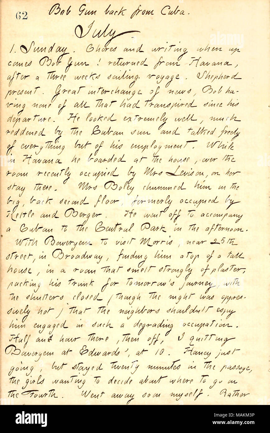 Über Bob's Gun Rückkehr nach New York von Havanna, Kuba. Titel: Thomas Butler Gunn Tagebücher: Band 13, Seite 72, Juli 1, 1860. 1. Juli 1860. Gunn, Thomas Butler, 1826-1903 Stockfoto