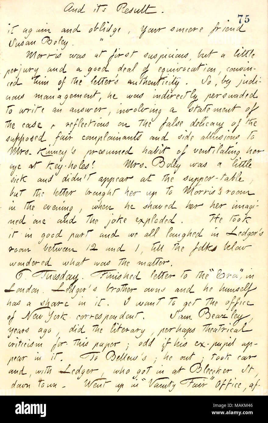 Beschreibt ein Streich gespielt auf James Morris, in dem Gunn ihm schrieb einen Brief angeblich von ihrer Vermieterin, Frau Boley. Transkription: Und das Ergebnis. Es wieder und oblidge [sic], Ihr aufrichtiger Freund Susan Boley." [James] Morris war zunächst misstrauisch, aber ein wenig Meineid und viel Ausflüchte, überzeugte ihn der Brief? s Authentizität. Also, durch geschicktes Management, er war indirekt davon überzeugt, eine Antwort zu schreiben, mit einer Erklärung der Fall, Reflexionen über die falsche Delikatesse der vermeintlichen fair Antragsteller und Seite Anspielungen auf Frau Kinney?s vermutet Gewohnheit er Lüftung Stockfoto