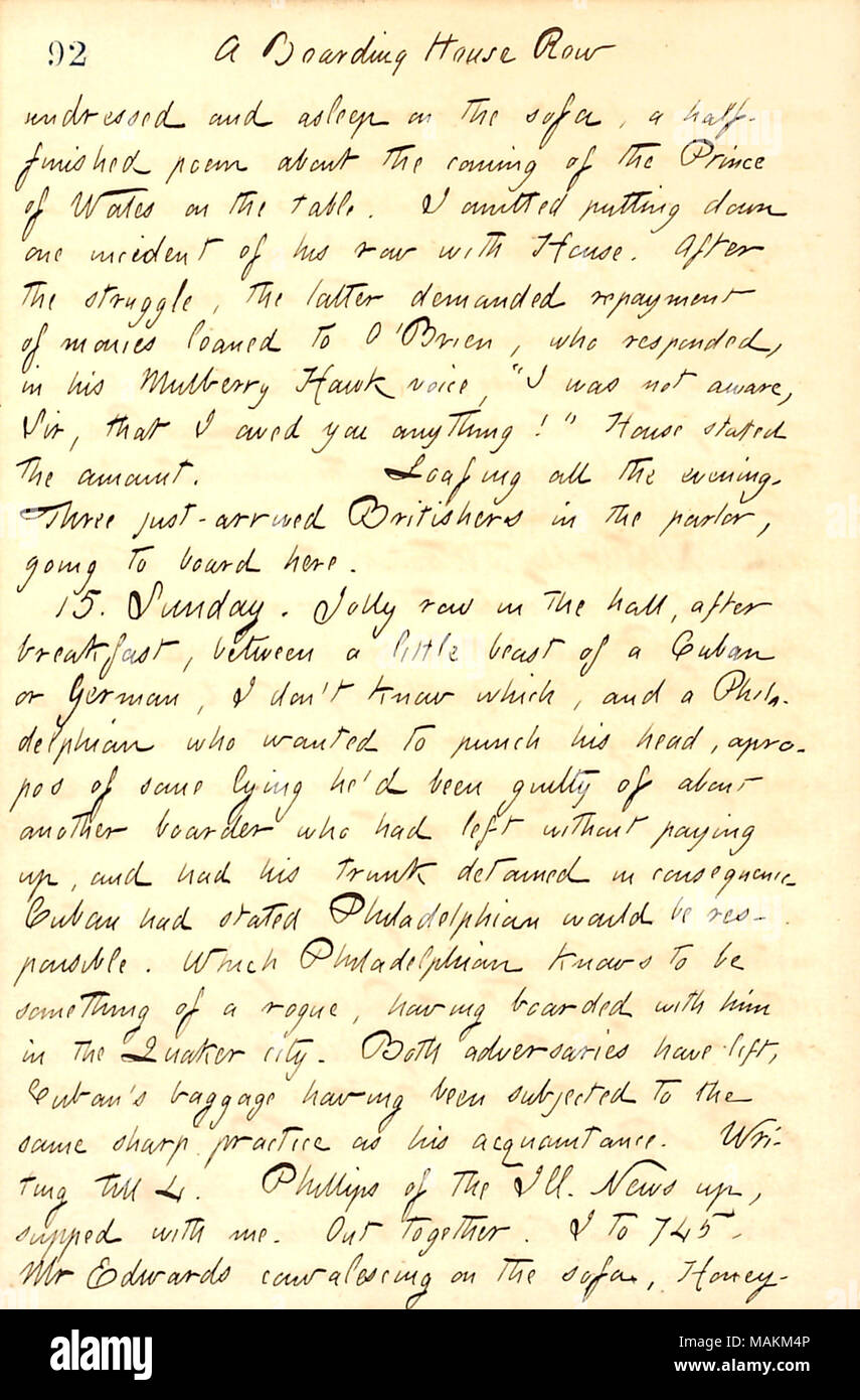 Beschreibt ein Kampf zwischen einem kubanischen und ein Mann aus Philadelphia in seiner Pension. Titel: Thomas Butler Gunn Tagebücher: Band 13, Seite 104, 14. Juli 1860. 14. Juli 1860. Gunn, Thomas Butler, 1826-1903 Stockfoto