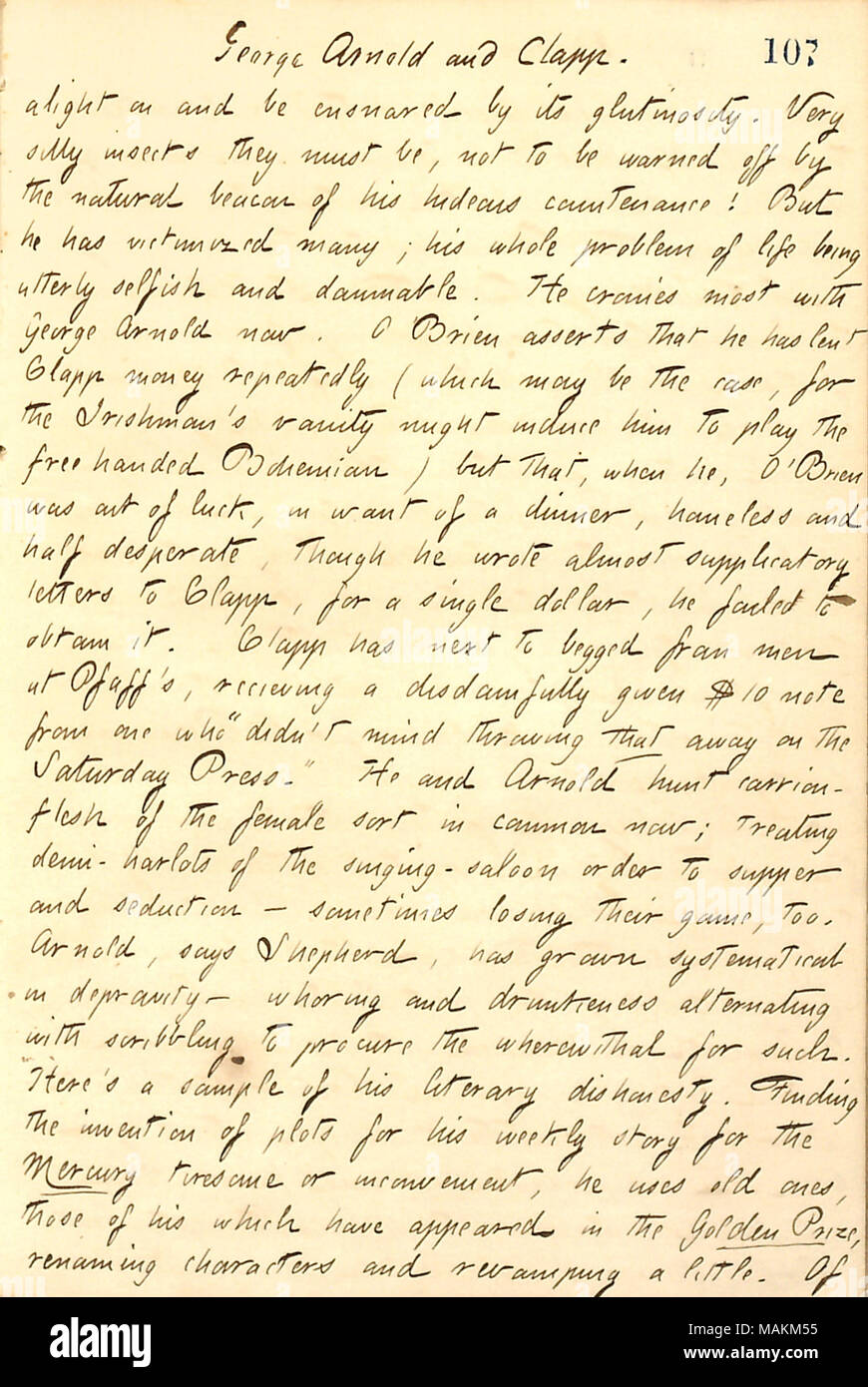 In Bezug auf Geschichten über George Arnold und Henry Clapp von N. G. Hirte gewonnen. Titel: Thomas Butler Gunn Tagebücher: Band 13, Seite 120, 29. Juli 1860. Vom 29. Juli 1860. Gunn, Thomas Butler, 1826-1903 Stockfoto
