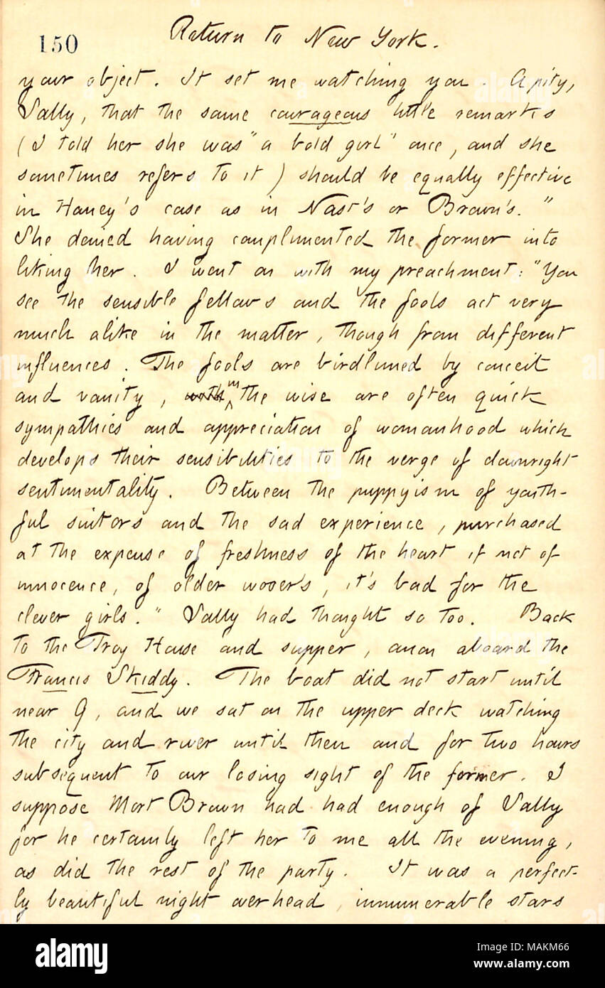 Beschreibt ein Gespräch mit Sally Edwards über ihren Bewunderern. Titel: Thomas Butler Gunn Tagebücher: Band 13, Seite 163, 17. August 1860. 17. August 1860. Gunn, Thomas Butler, 1826-1903 Stockfoto