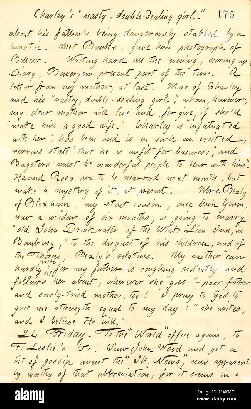 Beschreibt einen Brief von seiner Mutter Rosa Bolton empfangen. Titel: Thomas Butler Gunn Tagebücher: Band 13, Seite 190, 23. August 1860. 23. August 1860. Gunn, Thomas Butler, 1826-1903 Stockfoto