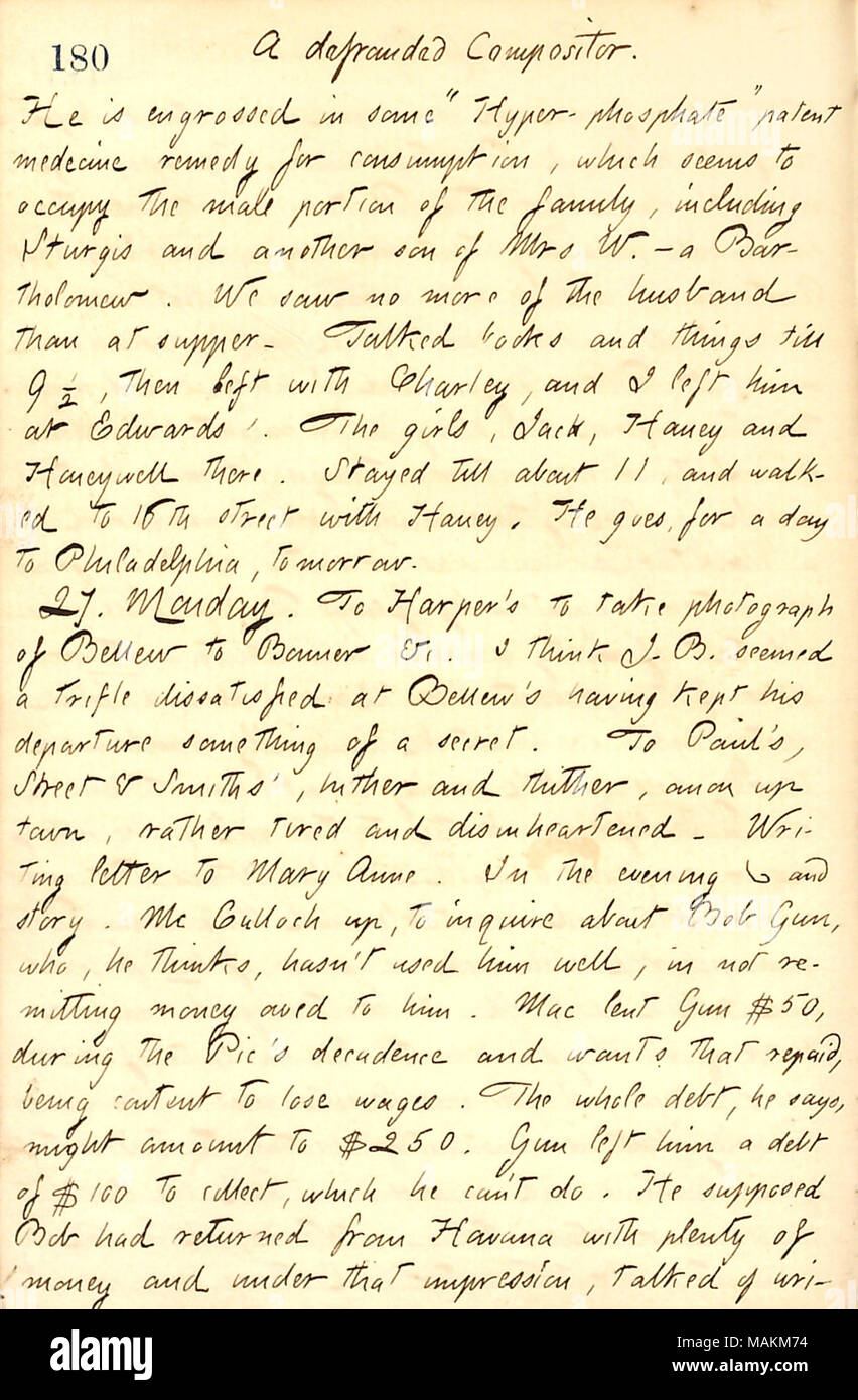 Beschreibt einen Besuch von McCulloch Fragen zu Bob Gun, der ihm Geld schuldet. Titel: Thomas Butler Gunn Tagebücher: Band 13, Seite 195, 26. August 1860. 26. August 1860. Gunn, Thomas Butler, 1826-1903 Stockfoto
