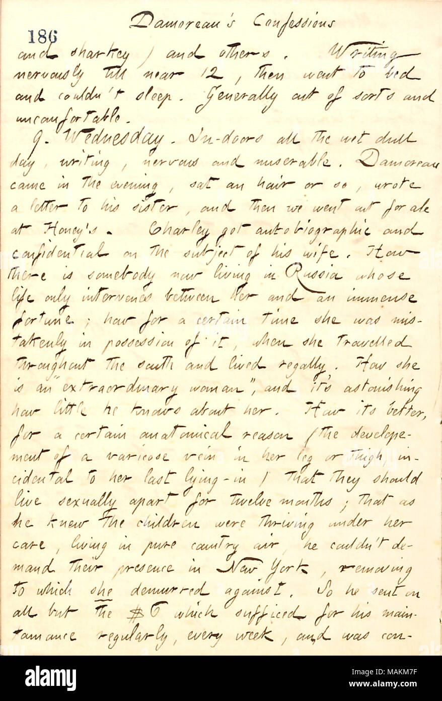 Über Charles Damoreau der Ehe. Transkription: Geständnisse [Charles] Damoreau und sharkey) und andere. Schreiben nervös bis nahe 12, ging dann zu Bett und konnte nicht schlafen. In der Regel aus Art und unbequem. 9. Mittwoch. In-Türen alle nassen trüben Tag, Schreiben, nervös und miserabel. Damoreau kam am Abend, saß eine Stunde oder so, schrieb einen Brief an seine Schwester, und dann ging es für Bier in Honig. Charley hat autobiografischen und vertraulich über das Thema seiner Frau [Beatrice Damoreau]. Wie steht jemand, der jetzt in Russland, deren Leben interveniert nur zwischen ihr und einem Stockfoto