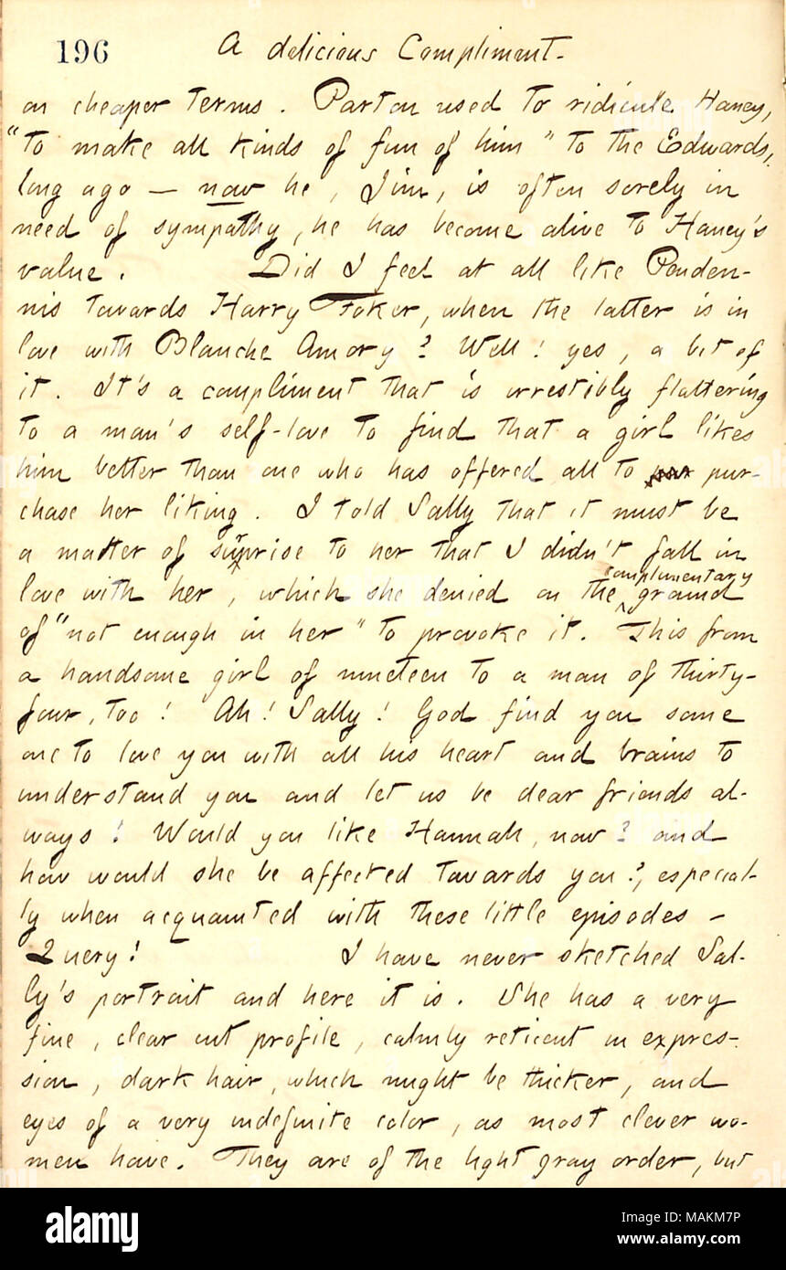 Über seine Freundschaft mit Sally Edwards. Titel: Thomas Butler Gunn Tagebücher: Band 13, Seite 213, 3. September 1860. 3. September 1860. Gunn, Thomas Butler, 1826-1903 Stockfoto