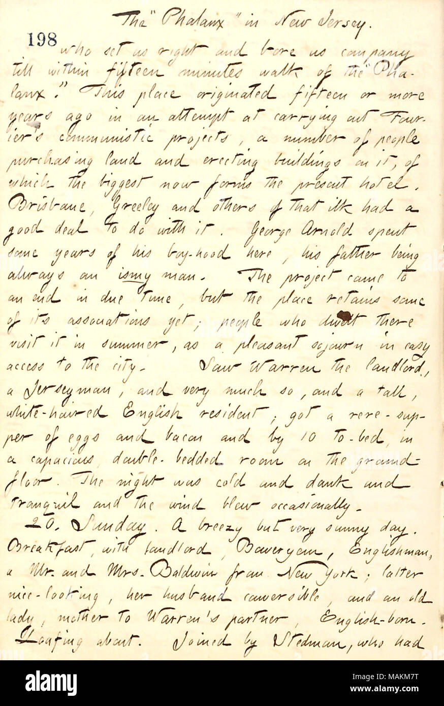 Beschreibt einen Besuch in der Phalanx in New Jersey mit George Boweryem. Transkription: Die? ǣPhalanx? In New Jersey. wer uns rechts und langweilen uns Firma bis innerhalb von 15 Minuten zu Fuß vom? ǣPhalanx. ? Dieser Ort entstanden 15 oder mehr Jahren in einem Versuch an der Durchführung von [Charles] Fourier?s kommunistischen Projekte, eine Reihe von Menschen den Kauf von Grundstücken und die Errichtung von Gebäuden auf, von denen die grösste bildet jetzt die Gegenwart Hotel. Brisbane, [Horaz] Greeley und die anderen ilk hatte viel mit ihm zu tun. George Arnold verbrachte einige Jahre seines jungen - Haube hier, sein Vater immer Stockfoto