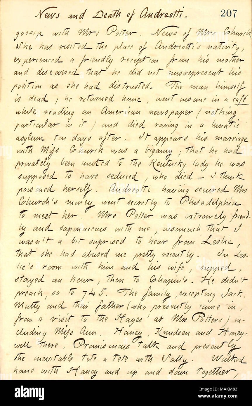 Beschreibt Anhörung Nachrichten von Frau Kirche und Andreotti von Frau Potter. Titel: Thomas Butler Gunn Tagebücher: Band 13, Seite 224, 9. September 1860. 9. September 1860. Gunn, Thomas Butler, 1826-1903 Stockfoto