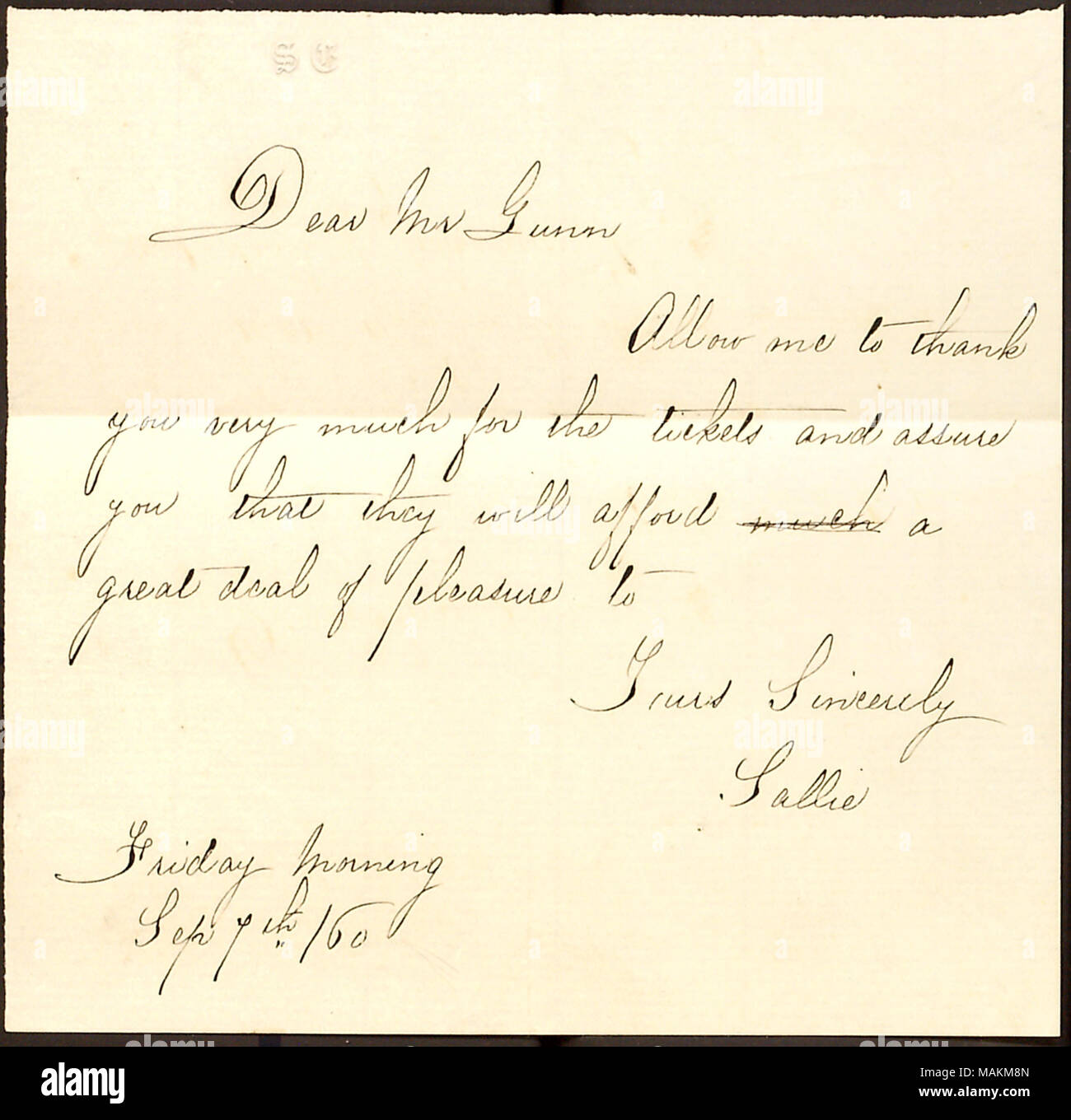 Anmerkung von Sally Edwards, Thomas Butler Gunn, und danke ihm für die Karten. Titel: Thomas Butler Gunn Tagebücher: Band 13, Seite 245 [schreiben]. 7. September 1860. Gunn, Thomas Butler, 1826-1903 Stockfoto