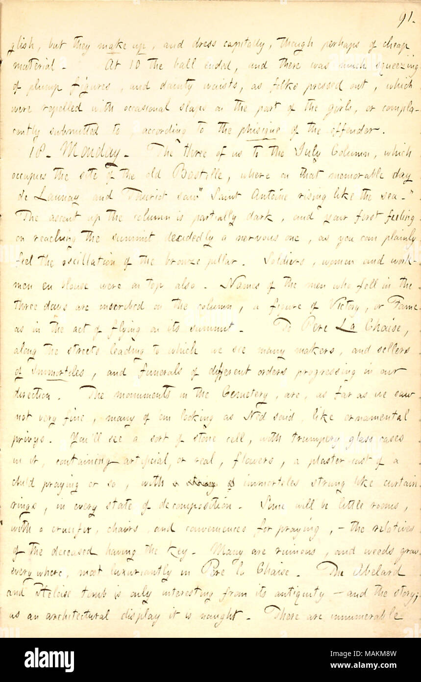 Beschreibt einen Besuch im Juli, auf dem Gelände der ehemaligen Bastille in Paris. Transkription: glish, aber Sie bilden, und Kleid capitally, obwohl vielleicht der billiges Material. Bei 10 der Ball endete, und es gab viel Quetschen von prallen Figuren, und zierliche Taillen, als Völker heraus gedrückt, die mit gelegentlichen Klapse auf den Teil der Mädchen abgestoßen wurden, oder selbstzufrieden vorgelegt, nach der Konstitution des Täters. 18. Montag. Die drei von uns in der Juli, der den Standort der alten Bastille, wo an diesem denkwürdigen Tag [Bernard Rene Jourdan] de Launay und Thuriot [Ja belegt Stockfoto