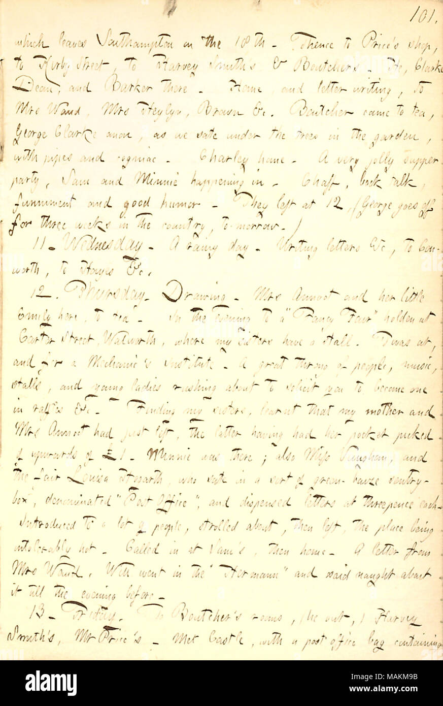 Beschreibt die Teilnahme an einer Fancy Fair im Carter Street in London. Transkription: Die Southampton am 18. verlässt. Von da gen Preis?s Shop, zu Kirby Street, Harvey Smith? s&[William] Boutchers. Er, [George] Clarke Dean, und Barker. Home, und Schreiben, Frau [Maria] Fitzjohn Waud, Frau Heylyn, [Wilhelm] Braun & C. Boutcher kam zu Tee, George Clarke Anon, wie wir unter den Bäumen im Garten Sate, mit Rohren und Cognac. Charley [Gunn] Home. Ein sehr lustiger Abend Party, Sam [Gunn] und Minnie [Gunn] in geschieht. Spreu, wieder sprechen, funniment und guten Humor. Sie ließen bei 12, (George goe Stockfoto
