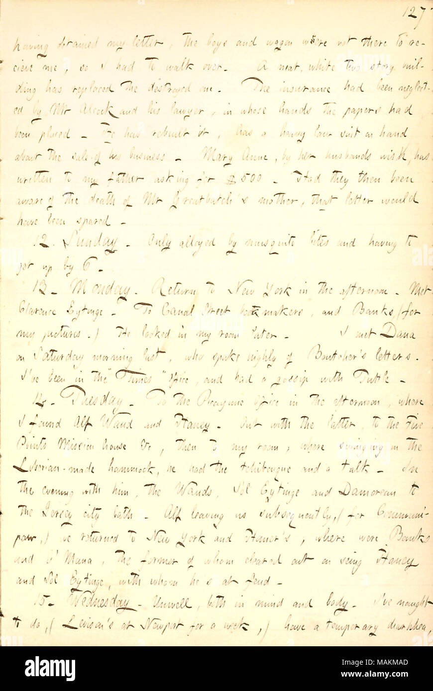 Beschreibt einen Besuch von Herrn Greatbatch und seine Familie auf Long Island. Transkription: In meinen Brief erhalten, die Jungen [Fred und Edward Greatbatch] und Wagen waren nicht da zu erhalten [Empfang] mich, so hatte ich über zu gehen. Ein sauberes, weißes, 2-stöckiges Gebäude hat die zerstörten ersetzt. Die Versicherung vernachlässigt worden von Herrn Alcock und seinen Anwalt, in dessen Händen die Papiere hatte. Er wurde wieder aufgebaut, hat eine schwere Klage an Hand über den Verkauf seines Geschäfts. Mary Anne [Greatbatch], die von ihren Ehemännern [Joseph Greatbatch?s], hat zu meinem Vater [Samuel Gunn] bittet um $ 500 geschrieben. Hatte Stockfoto