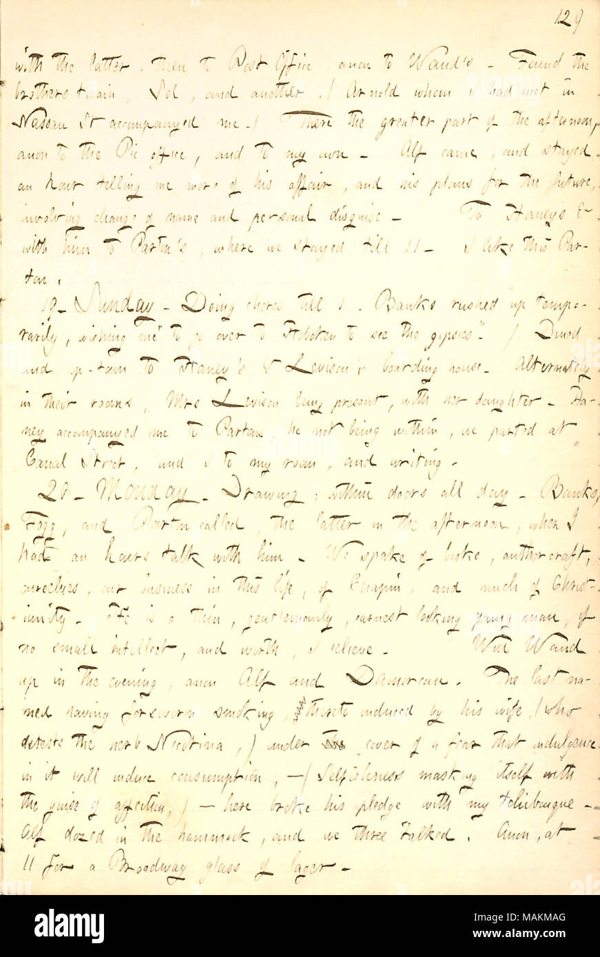 Beschreibt treffen James Parton zum ersten Mal. Transkription: Mit der letzteren [Jesse Haney], dann die Post, Anon, waud's. Fanden die Brüder Alfred und William Waud] Twain, Sol [Eytinge], und eine andere, ([George] Arnold, den ich in Nassau St getroffen hatte mich begleitet.) Da der größere Teil des Nachmittags, Anon, die dem Pic-Büro, und mit meinen eigenen. Alf kam, und verbrachten eine Stunde erzählt mir mehr von seiner Affäre, und seine Pläne für die Zukunft, an der Änderung des Namens und der persönlichen verschleiern. Um Haneys & mit ihm [James] Parton?s, wo wir bis 11 verbracht. Ich mag dieses Parton. 19. Sonntag. Doin Stockfoto
