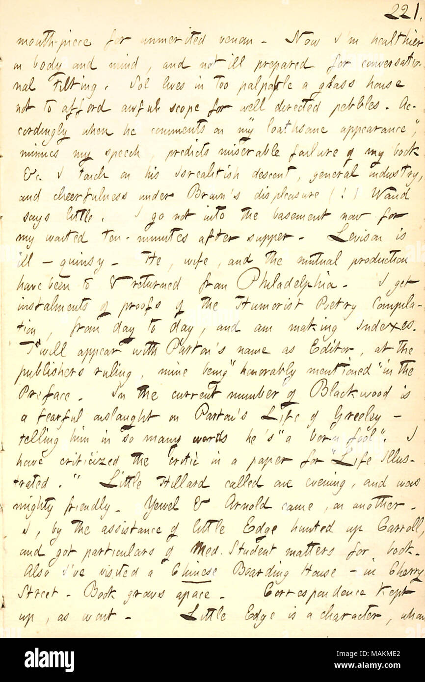 In Bezug auf die Veränderung der Sol Eytinge Haltung ihm gegenüber seit William Waud nach New York zurückgekehrt ist. Transkription: Mund-Stück für unverdiente Venom. Jetzt bin ich in Körper und Geist gesund und nicht krank für conversational Kippen vorbereitet. Sol [Eytinge] lebt in allzu offensichtlich ein Glas Haus nicht zu schrecklich Spielraum für gezielte Kieselsteine leisten können. Entsprechend, wenn er Kommentare auf meiner "abscheulichen Aussehen", ahmt meine Rede, sagt miserable Störung meines Buches &c. Ich tippen Sie auf seinem israelitischen Abstammung, allgemeine Industrie, und gute Laune unter Unmut Brown's (!) [William] Waud sagt wenig. Ich gehe nicht in Stockfoto