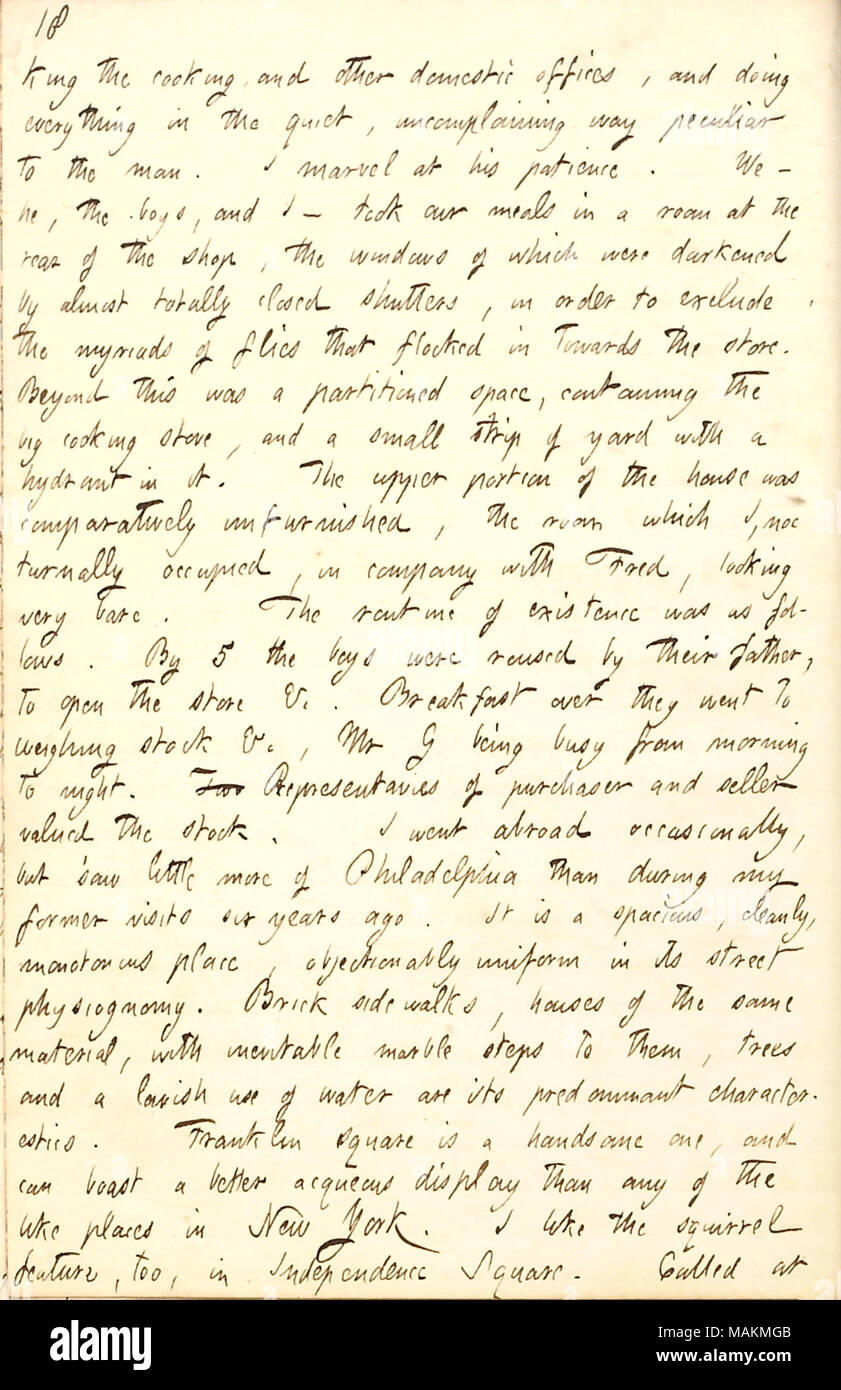 Beschreibt ein Besuch der Greatbatch Familie in Philadelphia. Transkription: [underta] König das Kochen, und anderen inländischen Büros, und alles zu tun, um die ruhige, uncomplaining Weise eigentümlich zu dem Mann [Joseph Greatbatch]. Ich seine Geduld bestaunen. Wir? Er, der Jungen [Fred und Edward Greatbatch], und Ich? Nahmen unsere Mahlzeiten in einem Zimmer auf der Rückseite des Shop, die Fenster wurden von fast völlig geschlossenen Rollläden abgedunkelt, um die Myriaden von Fliegen, die in der STORE beflockt auszuschließen. Darüber hinaus war ein partitionierten Bereich aus, in dem die großen Herd, und einen kleinen Streifen von Yar Stockfoto