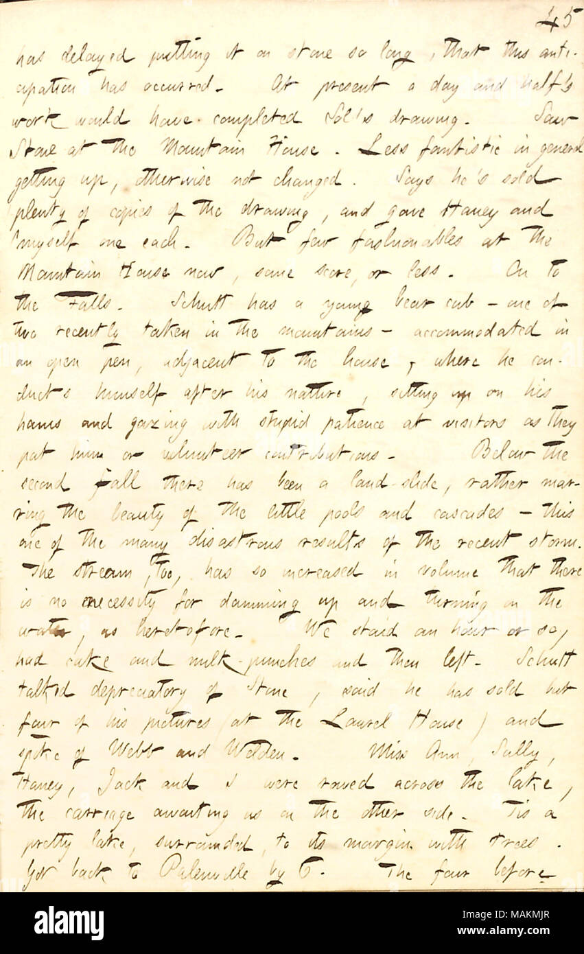 Beschreibt einen Besuch auf dem Berg Haus an der Catskills. Transkription: verzögert hat es auf Stein so lange, dass diese Erwartung aufgetreten ist. Zur Zeit pro Tag und die Hälfte würde Sol [Eytinge] Zeichnung abgeschlossen haben. Sah [B.G.] Stein auf den Berg Haus. Weniger fantastisch im Allgemeinen aufstehen, ansonsten nicht verändert. Sagt, er hat viel von Kopien der Zeichnung verkauft, und gab [Jesse] Haney und Selbst eines jeden. Aber nur wenige fashionables im Mountain Haus jetzt, einige Score, oder weniger. An den Wasserfällen. [Peter] Schmitt hat eine junge bärchen? Eine der vor kurzem in den Bergen? Acco Stockfoto